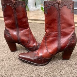 Antonio Melani-Appliqué Brogue Cognac Leather-Mid Calf-Brown-Women’s-7.5